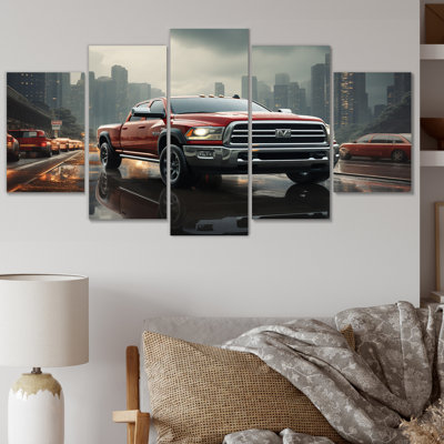 Red Pickup Truck Cityscape Hauler III - Transportation Wall Art Print - 5 Panels