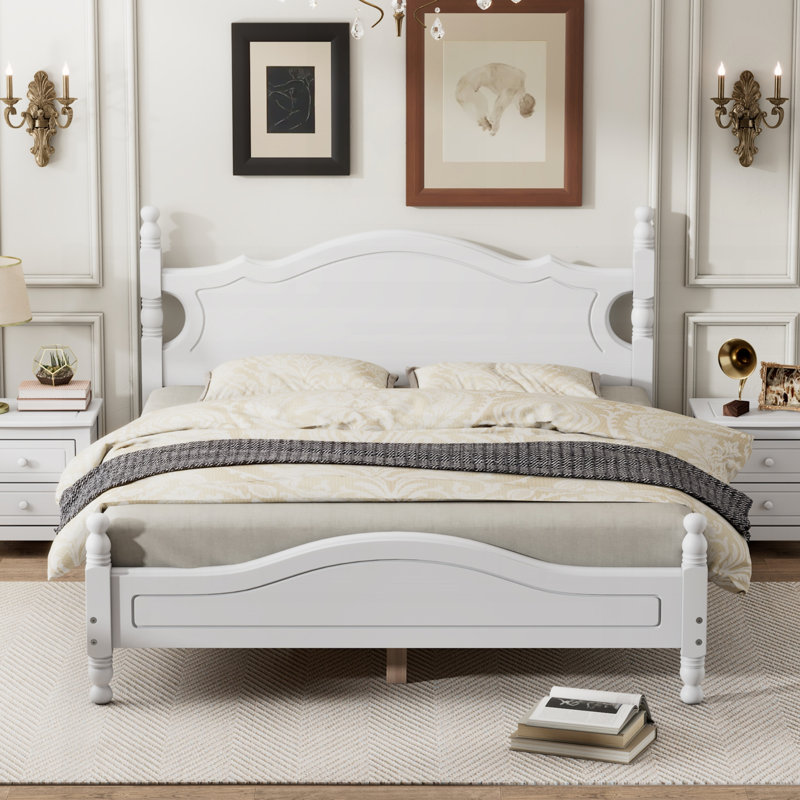 Lit plateforme en bois massif Govea, Blanc, Grand lit