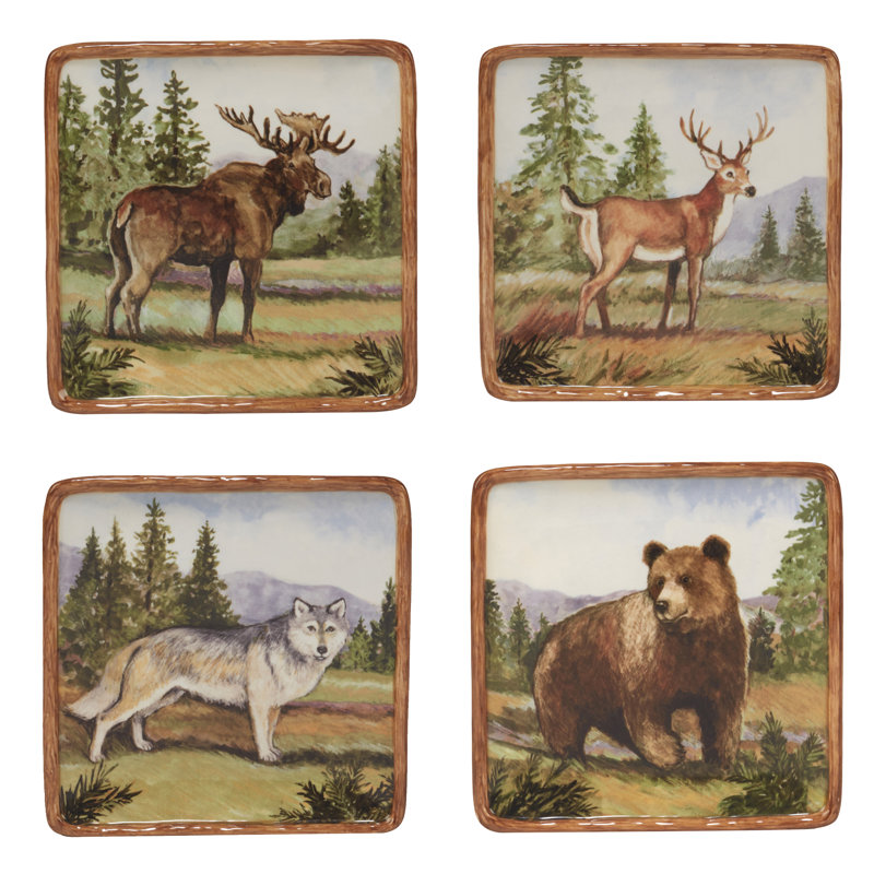Mountain Wildlife Hand-Painted Ceramic Salad Plates, Set of 4
