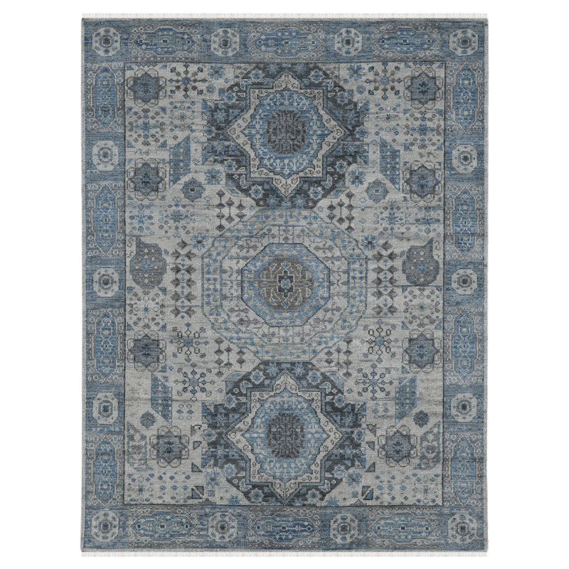 Tapis oriental en laine noué à la main bleu / gris Winland, Rectangle 2 pi x 3 pi