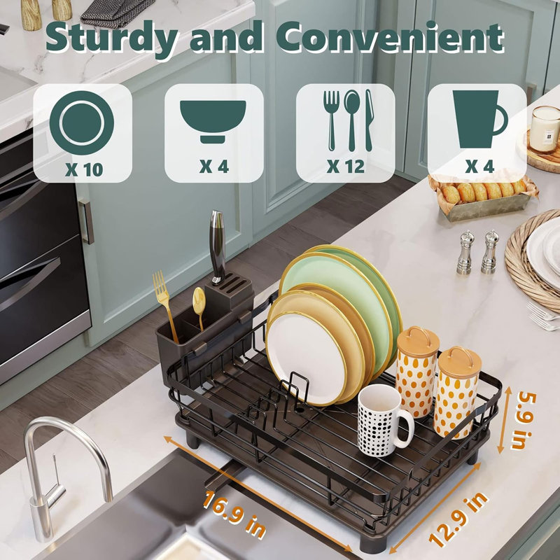 Metal Dish Drying Rack Automatic Drainage, Black, Large Removable Cutlery Basket, Drainboard & Knife Slots, Dish Drainers