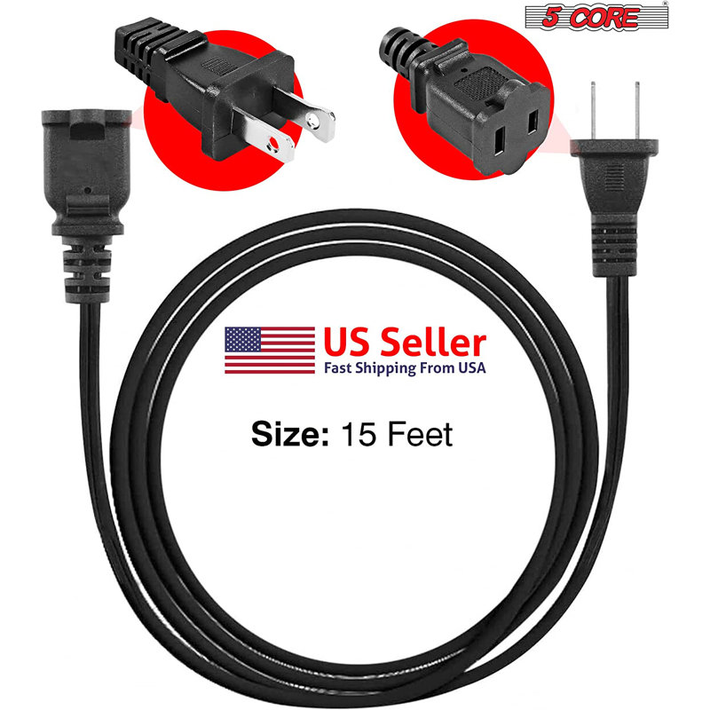 5 Core AC Power Cord 15 Ft US Polarized Male to Female 2 Prong Extension Cable EXC BLK 15FT, 15 ft