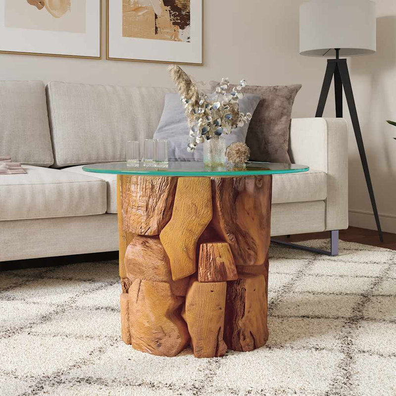 vidaXL Rustic Round Coffee Table, Solid Teak Driftwood Base with Tempered Glass Top, Handmade, Unique Modern Design, 23.6" Diameter, Brown