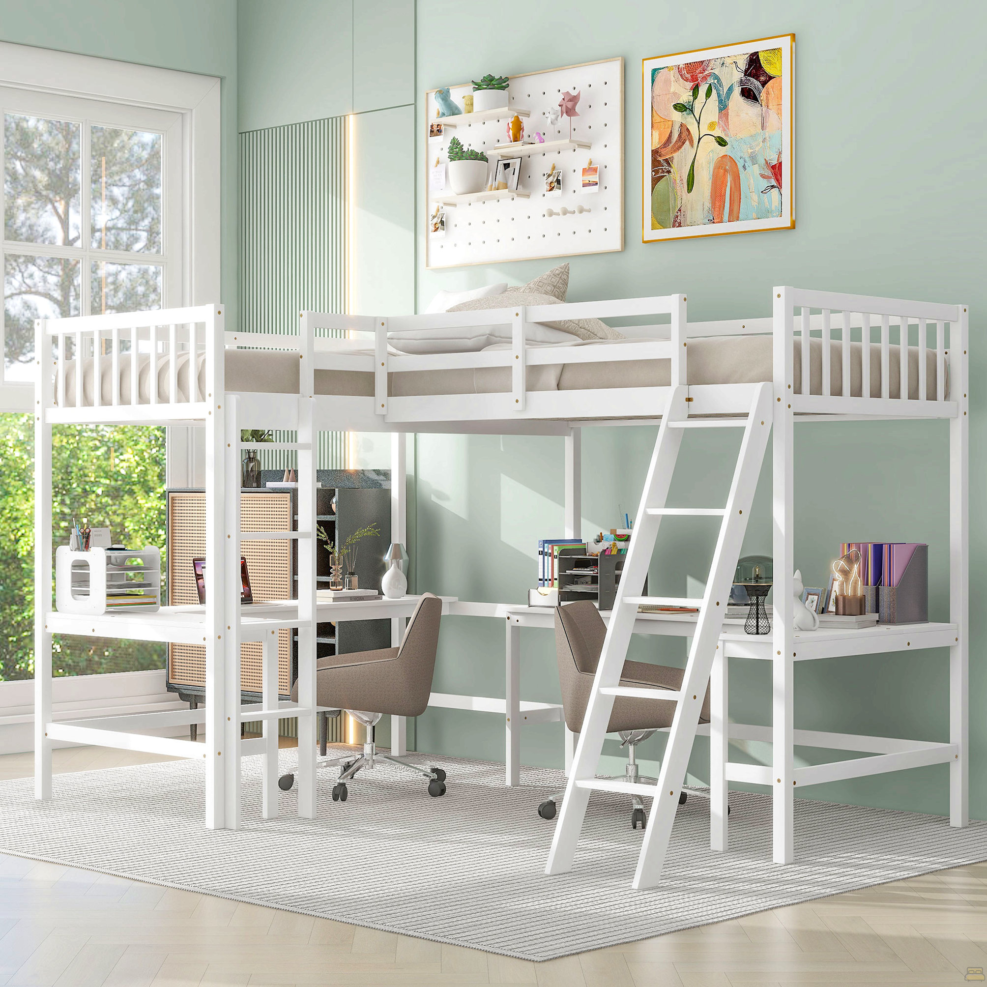 Ebern Designs Wood Twin Size L-Shaped Loft Bed With Ladder And 2 Built ...