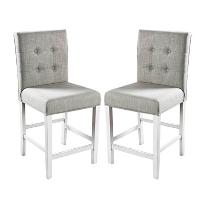 2Pcs Fabric Counter Height Chairs In Rustic Antique White And Gray With Padded Cushion Button Back For Dining Of 2 & Comfortable Seat Space Use