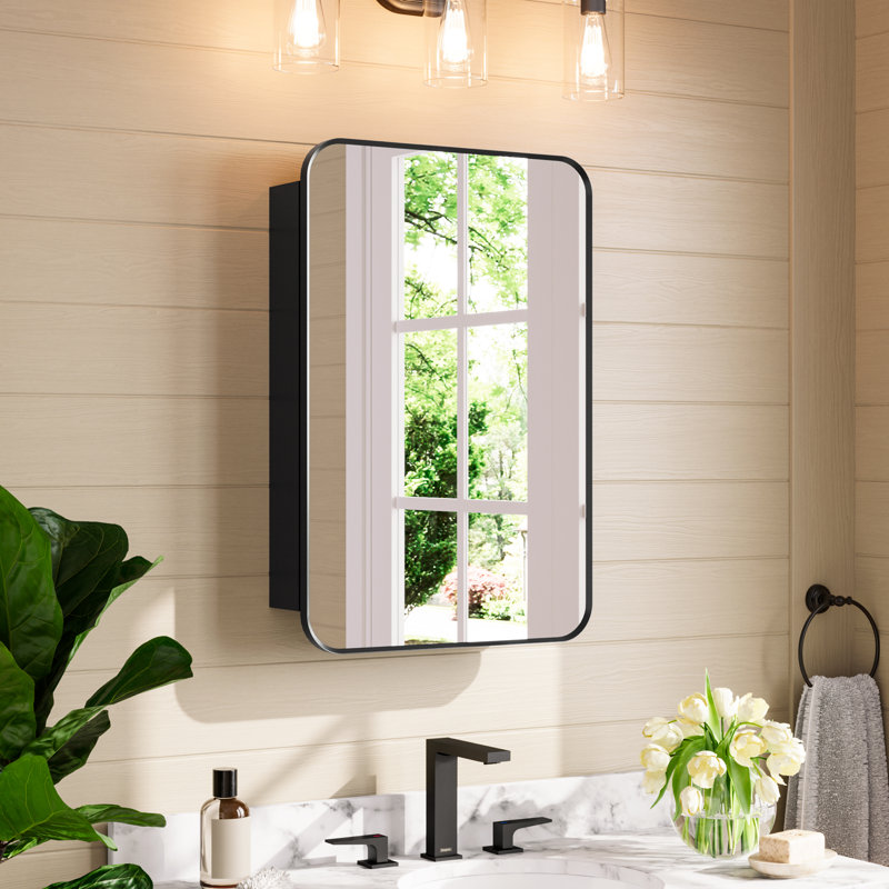 Armoire à pharmacie moderne avec cadre en aluminium noir avec tablettes réglables en verre trempé à trois couches, à fixation murale ou encastrée, entièrement assemblée pour plusieurs pièces