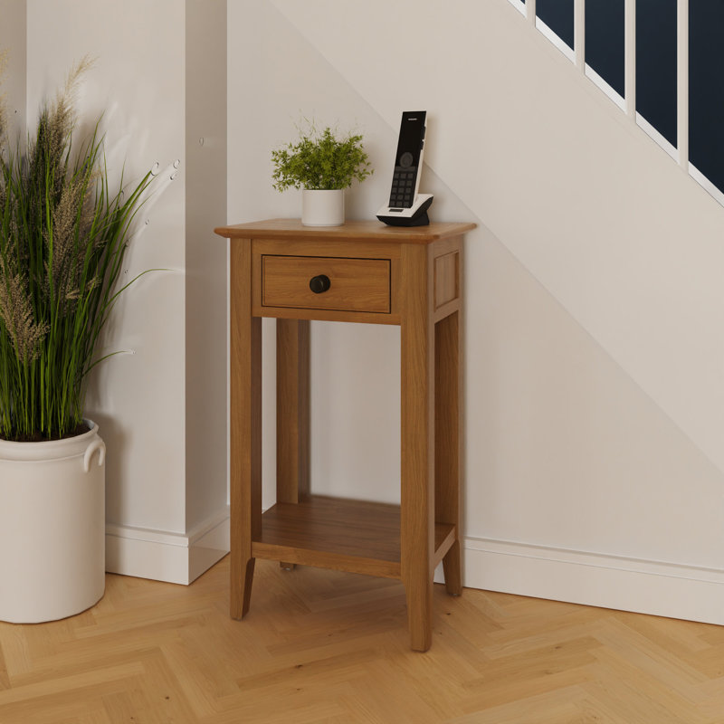 Alyria 1 Drawer End Side Telephone Table. Solid Oak. Fully Assembled. 2 Handle Styles Included: Polished Chrome or Burnished Brass