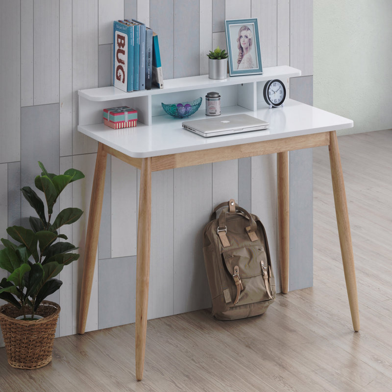 Roskilde Mid-Century Modern Wood Writing Desk With Hutch, Blanc