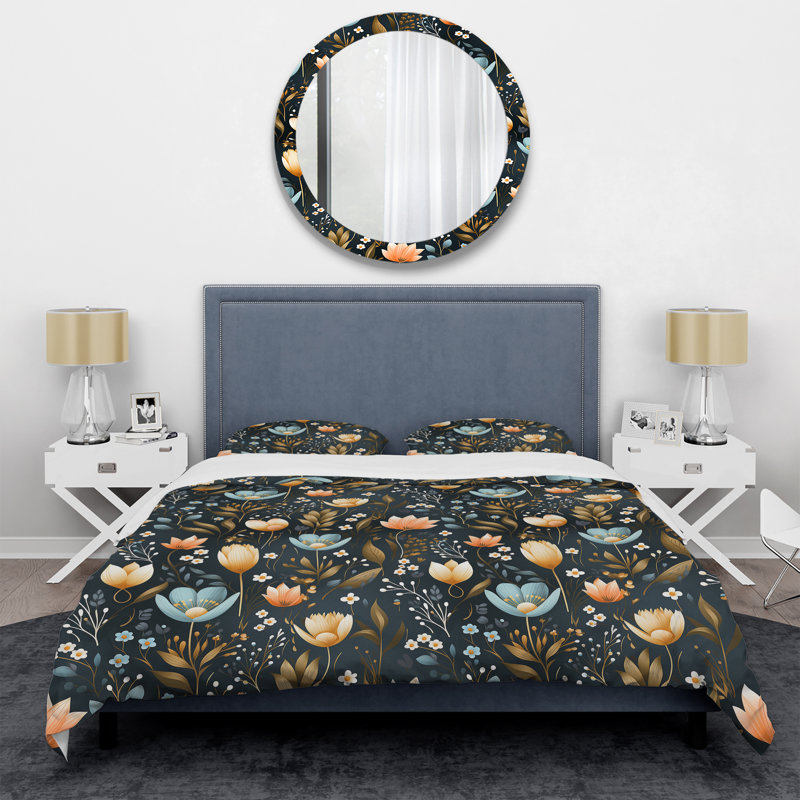 Rustic Yellow Garden Charm Floral Pattern Box Stitch Floral Duvet Cover, King Duvet Cover + 2 King Shams
