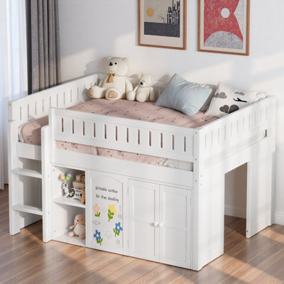 Loft Bed With Double-door Cabinet, Open Shelves And Chalkboard Panel