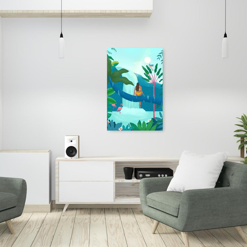 Jungle Girl Abstract Palm Tree Bird Flamingo Forest Landscape Wall Art Print 1 Piece Wrapped Canvas Wall Art