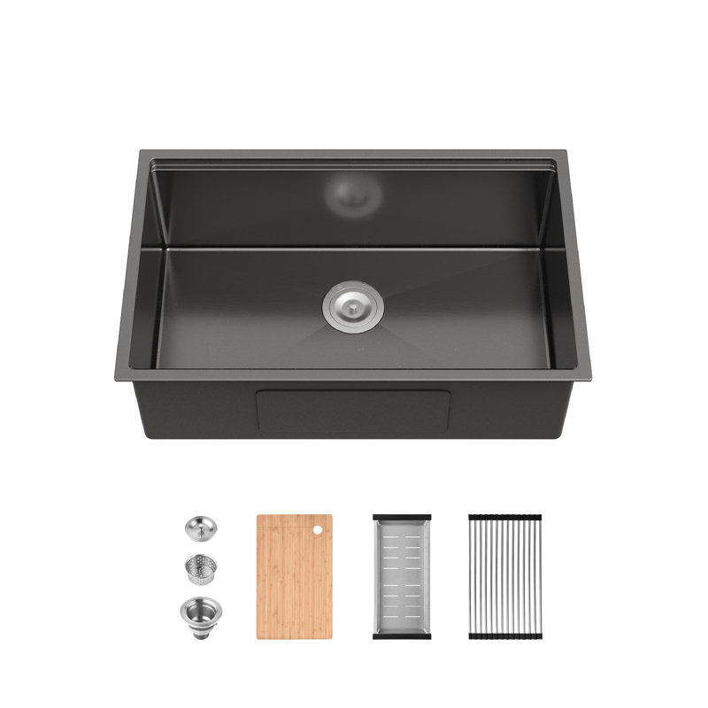30" L Undermount Single Bowl Stainless Steel Kitchen Sink with Colander, Basket Strainer, Cutting Board, Dish Rack
