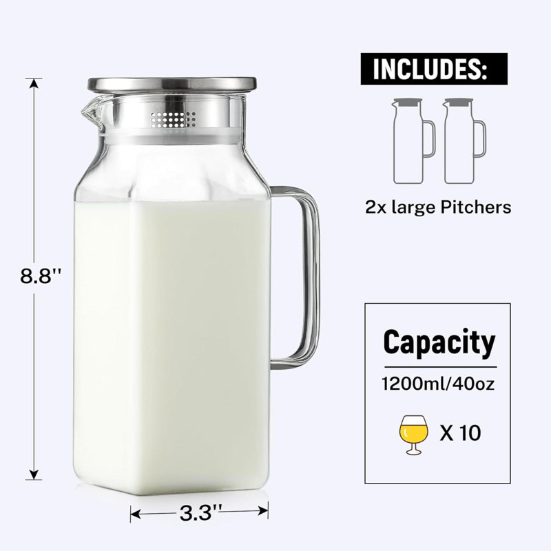 Ensemble de 2 carafes carrées en verre de 1,2 litre avec couvercle et poignée pour réfrigérateur, carafe à thé glacé et carafe à café résistante aux contenants de borosilicate chauds et froids