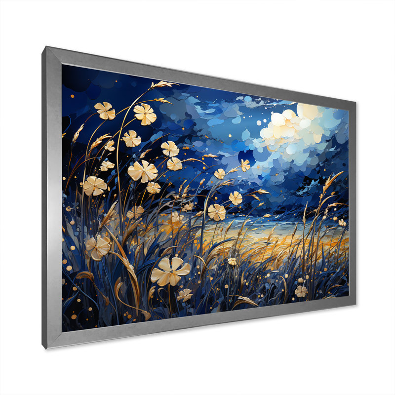 Coquelicots bleu marine - prairie, art mural, H 16 po x l 32 po x P 1 po, Cadre simple argenté