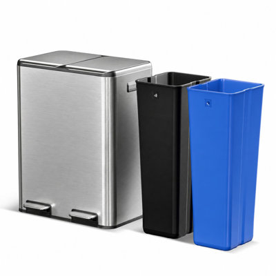 Poubelle de cuisine en acier inoxydable 16 gallons avec deux compartiments avec pédales et couvercles à fermeture en douceur Home Zone Living