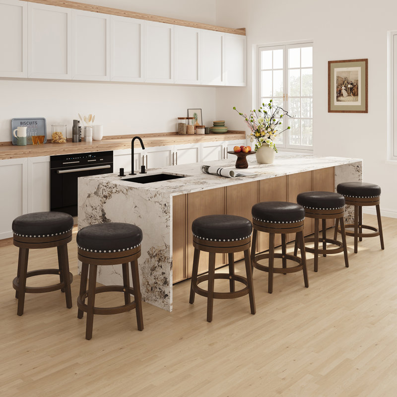Upholstered Swivel Counter Bar Stool with Solid Wood Frame and Nailhead Trim, Brown, Counter Stool (25" Seat Height)