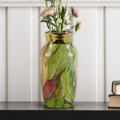 Sandersen Handmade Ceramic Vase for Living Room Decoration, Green & Pink Leaves Modern Home Decor Accent Piece