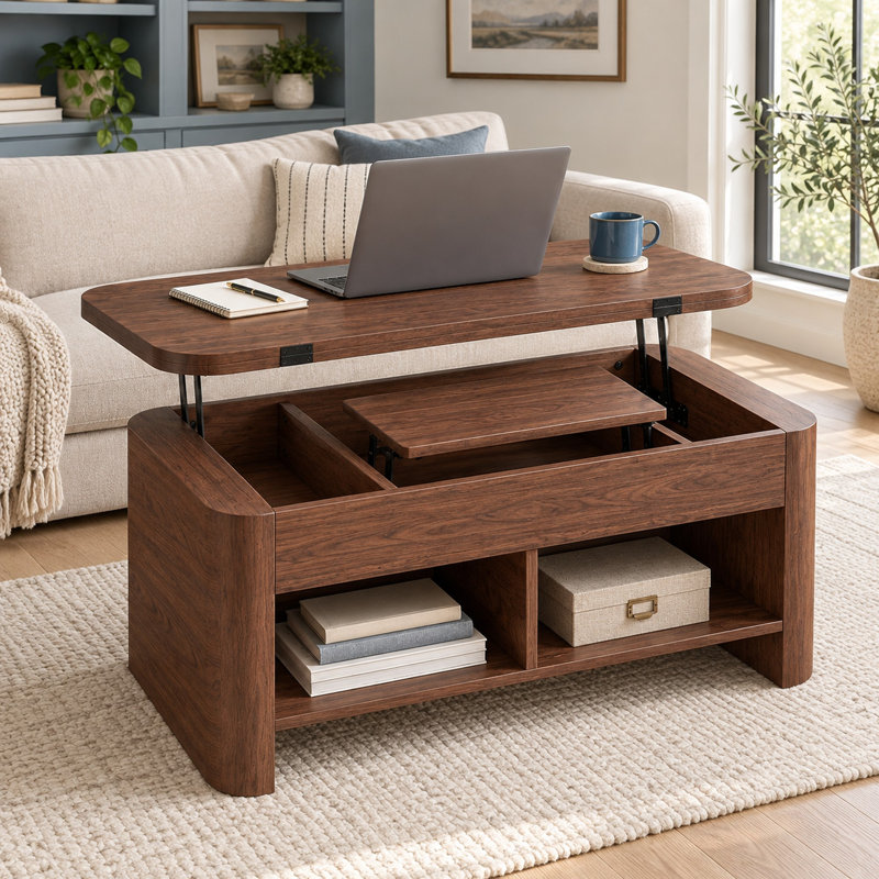 Table basse à plateau relevable 37,5 "avec rangement caché, tables basses carrées pour le salon, Brun