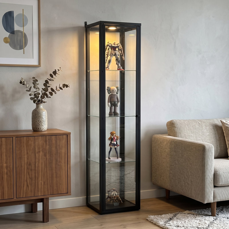 150cm Black Metal Curio Case with 4 Glass Tiers - Narrow Display Cabinet for Collectibles