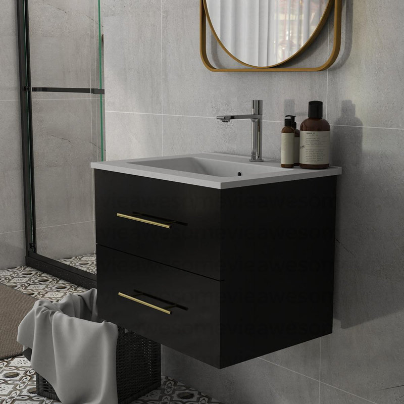 Ensemble de meuble-lavabo mural 24 po avec lavabo, deux tiroirs, lavabo en céramique, assemblage facile, poignée longue en métal doré, 2 tiroirs de rangement, noir brillant