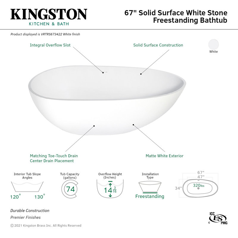 Kingston Brass Arcticstone 67-Inch Solid Surface Egg Shaped Double Ended Freestanding Tub with Drain