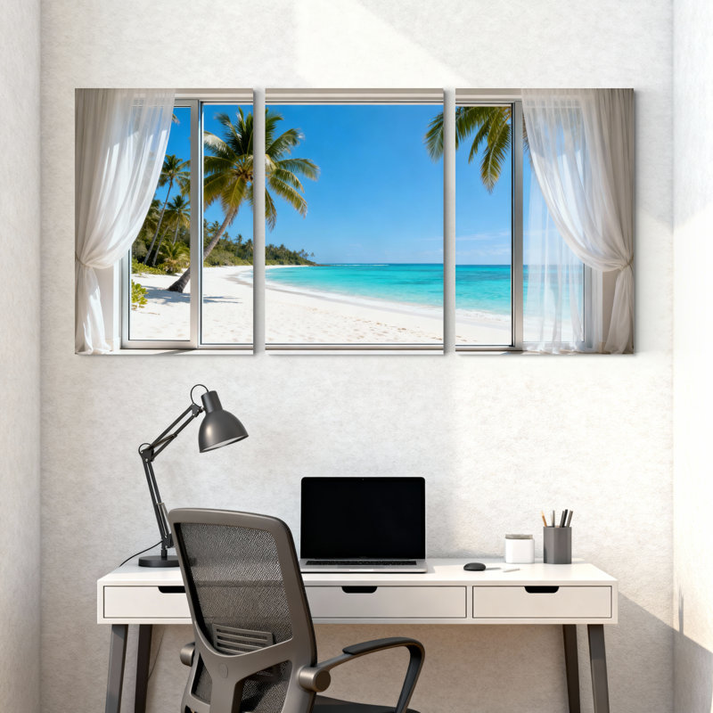 Scénario et paysages urbains, plage tropicale, palmiers, océan, ciel, sable blanc, ensemble de 3 rideaux, H 18 po x l 36 po