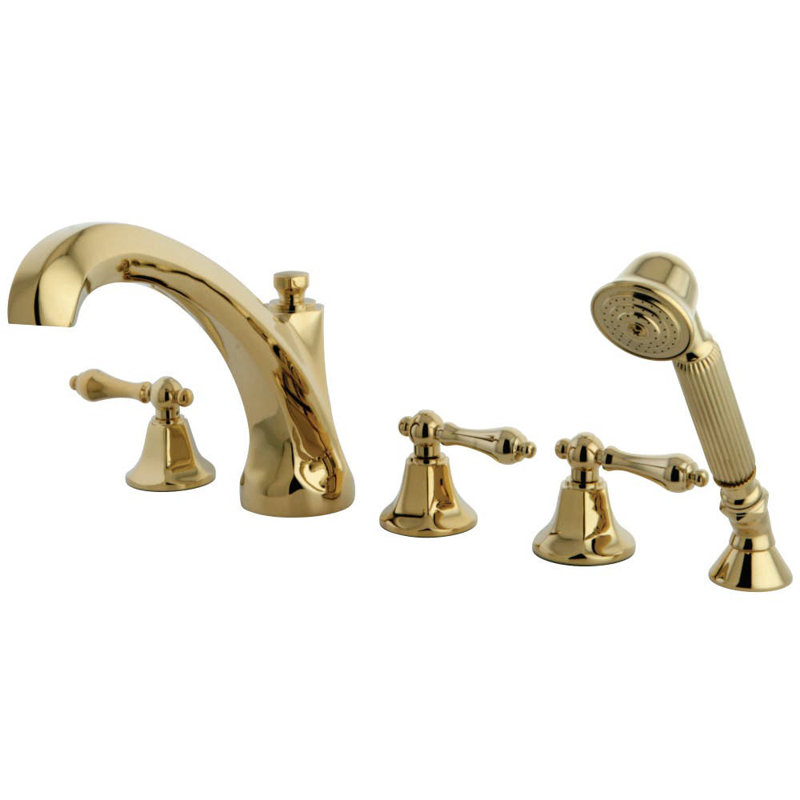Kingston Brass Metropolitan Three-Handle 5-Hole Deck Mount Roman Tub Faucet with Hand Shower, Polished Brass