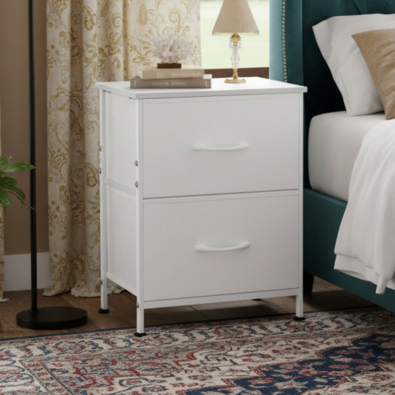 Table de chevet blanche à 2 tiroirs l 11,8 po - Bacs en tissu, plateau en bois - Rangement pour petite chambre / dortoir