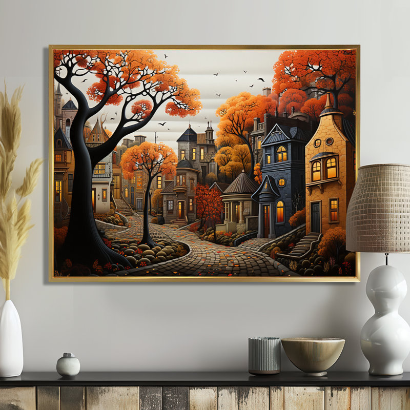 Cozy village in Autumn Moonlit III - Art mural art déco urbain, Cadre flottant doré, H 12 po x l 20 po x P 1 po