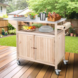 XLSolid Wood Outdoor Grill Table, Portable Grill Cart Cabinet Storage With Stainless Steel Top And Wheels, Outdoor Kitchen Island Table For Cooking Prep And Bbq, Rolling Bar Cart For Outside Patio (Natural)