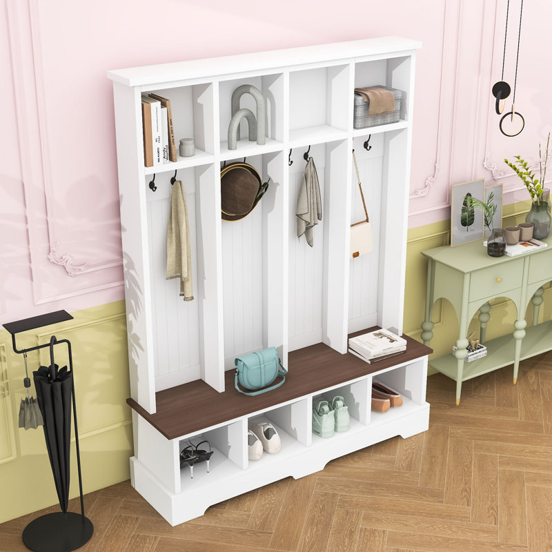 Wide Hall Tree with Open Shelves, Hooks and Entryway Bench, White