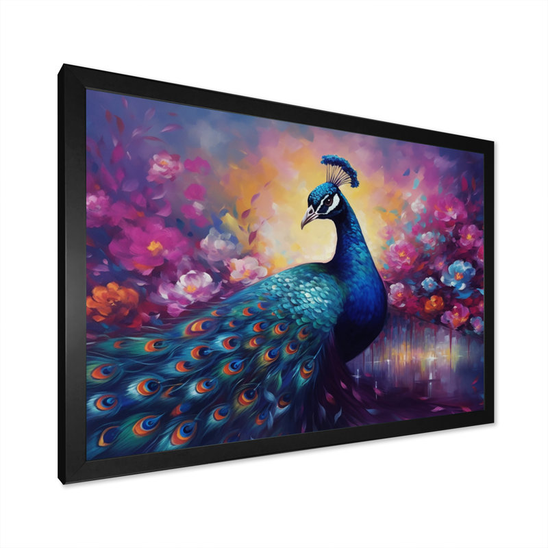«Vibrant Peacock II» - art mural paon, H 16 po x l 32 po x P 1 po, Cadre simple noir