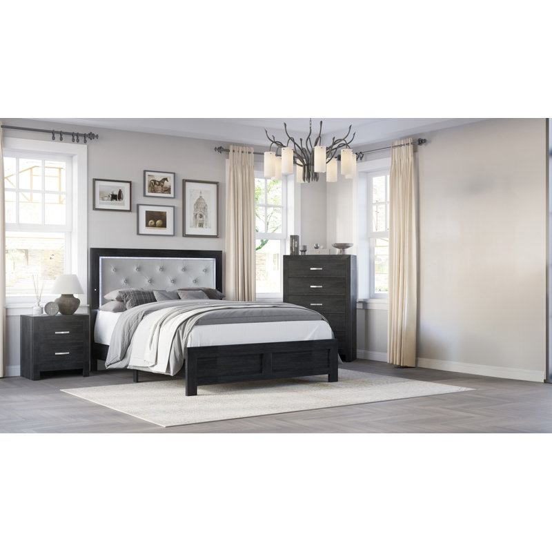 Ensemble de chambre à coucher à panneau à DEL Josiyah 4-2_Marijo, Noir, 3 Pcs: Bed,Nightstands,Chest, Très grand