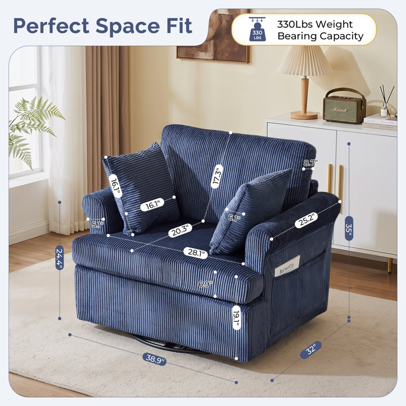 Swivel Corduroy Barrel Chair Accent Chair with Turntable and Side Storage Pocket for Living Room, Blue Corduroy