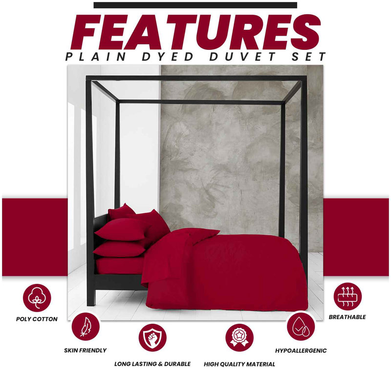 Cotton Blend Plain Dyed Duvet Cover Set with Pillowcases | Premium Polycotton Bedding for Comfort & Style, Red
