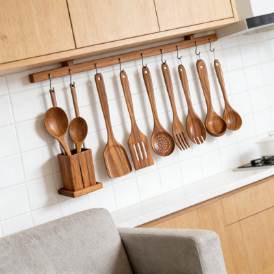 10-Piece Natural Teak Wooden Utensil Set With Holder For Cooking, Non-Scratch Spatulas Spoons For Nonstick Cookware, Heat-Resistant & Durable Kitchen Tools With Storage Caddy And Spoon Rest