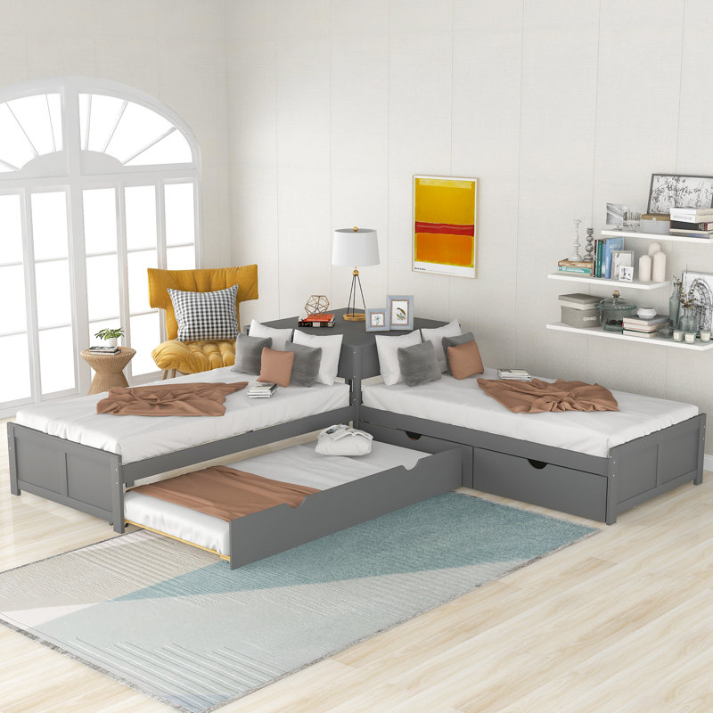 Lit plateforme en L avec lit gigogne et bureau, lit simple, gris - Tiroirs pour lit gracieux, lit gigogne, tiroirs, bureau intégré pour économiser de l'espace