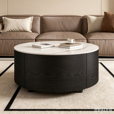 Round Movable Coffee Table, With Sintered Stone Top, Marble Pattern, Casters & 2 Storage Drawers, For Living Room, Black
