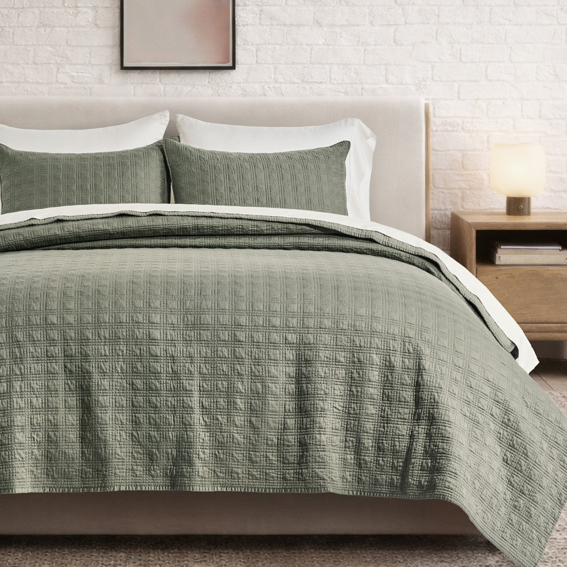 Modern Windowpane Cotton Sateen Quilt Set,Pre-Washed 100% Cotton Coverlet Bedspread, 3-Piece Soft Lightweight Bedding Set With 2 Shams For All Seasons