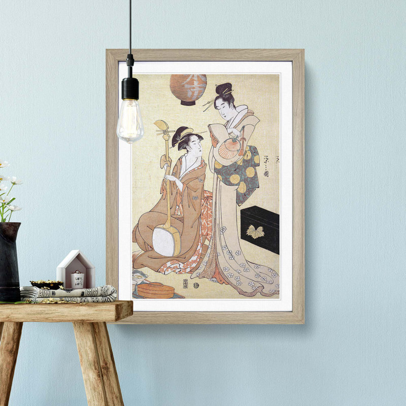 Two Geisha by Chobunsai Eishi - Picture Frame Painting Print, 48cm H x 36cm W x 2cm D, Oak Framed