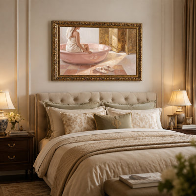 Woman in Pink Bathtub with Gold Floral Screen and Slippers Canvas Wall Art
