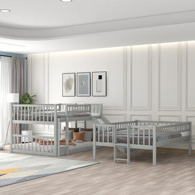 Lit superposé double au dessus d'un lit double au dessus d'un lit double avec échelle intégrée et glissade, garde-corps, gris - Lit pour enfant peu encombrant