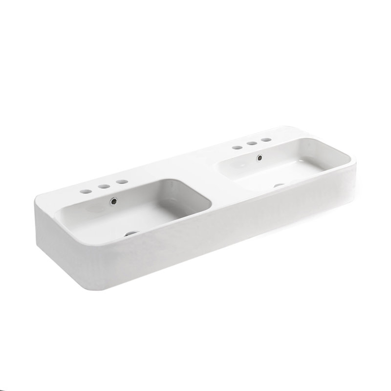 WS Bath Collections Cosa 17.7'' Ceramic Rectangular Vessel, Wall Mount Bathroom Sink with Overflow, Three Holes, Glossy White