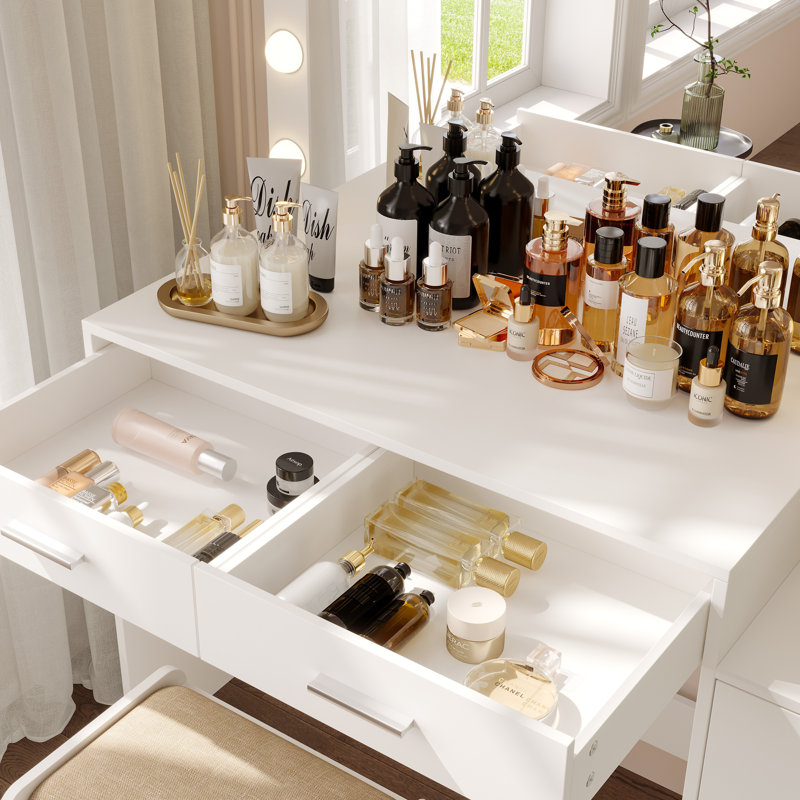 Freman Vanity Table Set, Makeup Vanity Desk with Lights and Mirror, Dressing Table, White