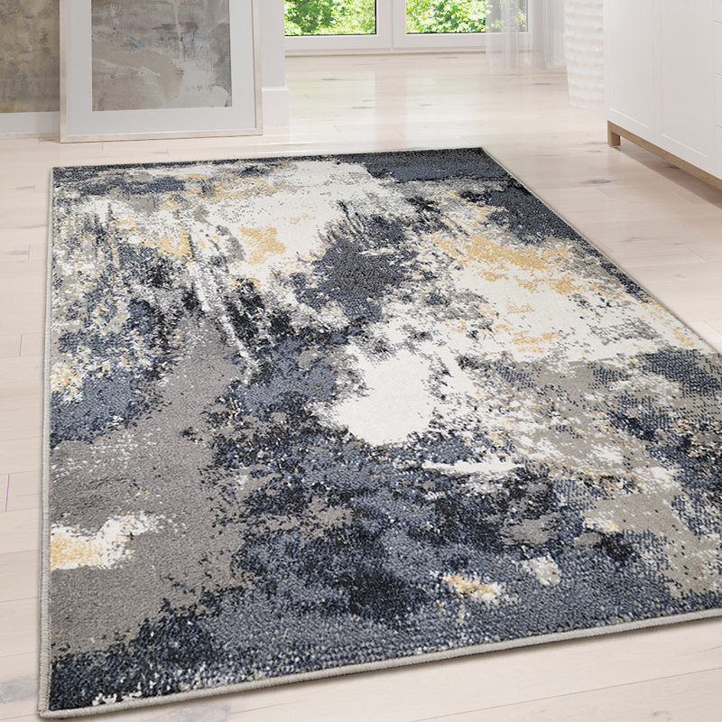 Modern Abstract Mottled Rug, Canvas Design, Woven, Grey Blue Yellow Beige, Rectangle 200 x 280cm