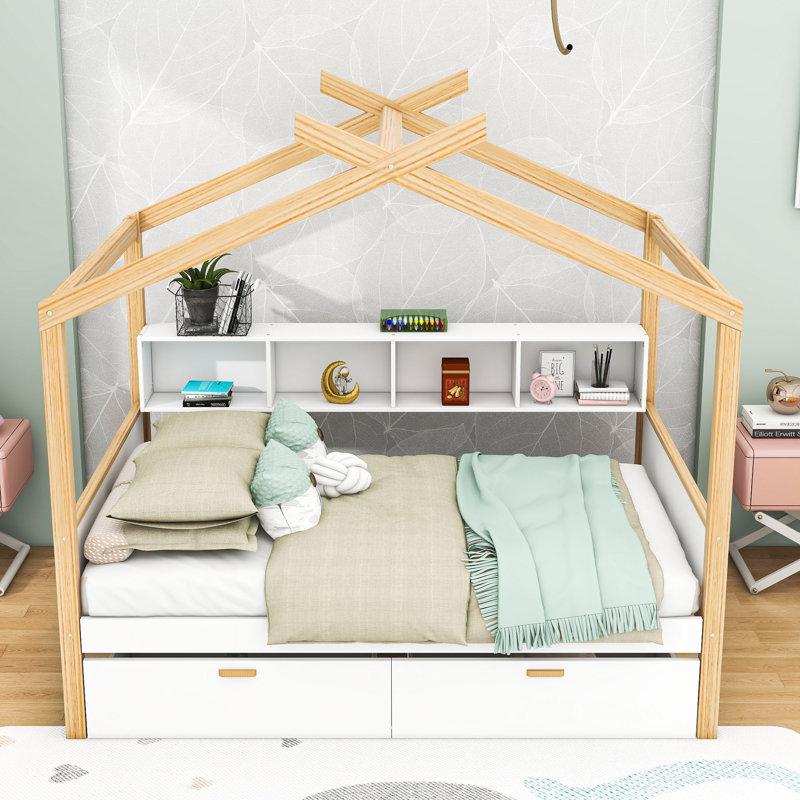 Lit en bois avec tiroirs de rangement, tablettes et lattes, Complète