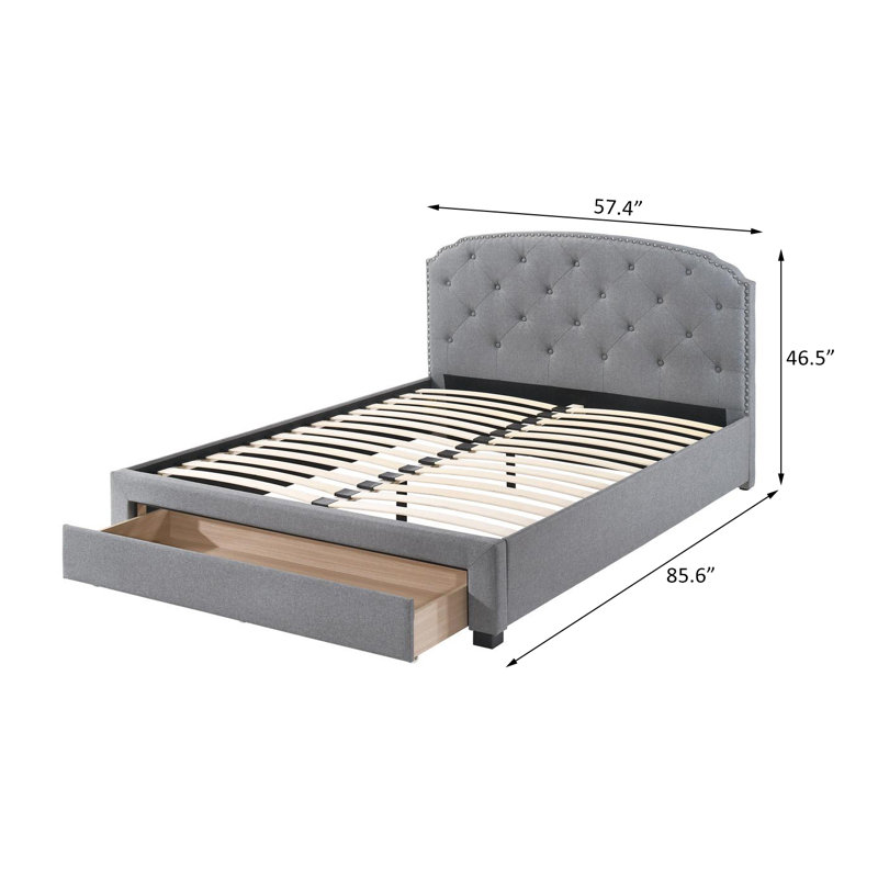 Lit de rangement en tissu avec tête de lit capitonnée Seine, Gris, Double