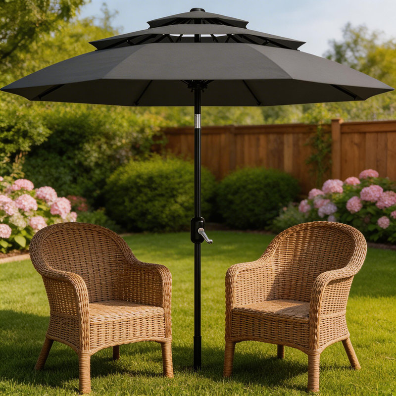 Parasol de patio à 3 niveaux 10 pi avec évents, manivelle et inclinaison faciles, Gris