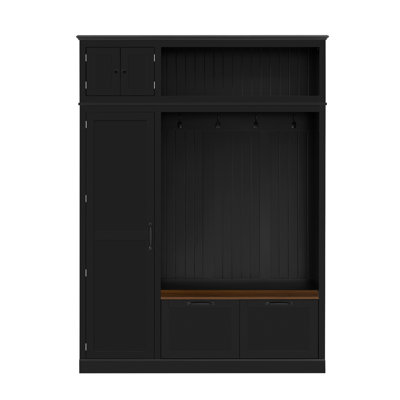 3-In-1 Hall Tree With Overhead Storage Cabinet, 3 Adjustable Side Shelves, 4 Heavy-Duty Hooks, 2 Spacious Drawers, Grooved Back Panel Design, Contrasting Seat Bench, Multifunctional Entryway Organizer