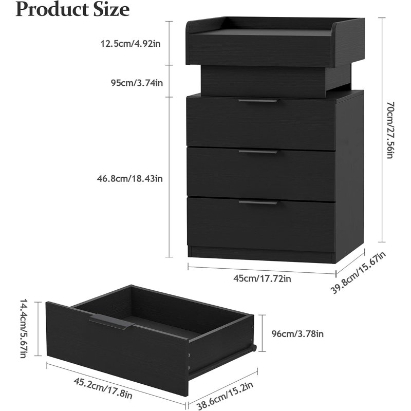45 cm W Bedside Table, Black Right